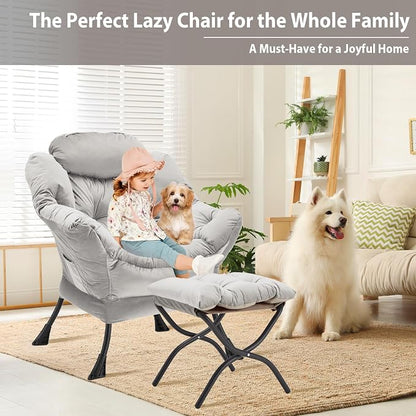 Youtanic Lazy Chair with Folding Ottoman, Accent Chair Velvet Upholstered with Metal Structure and Non-Slip Pads, Sofa Armchair with Footrest and Side Storage Bag for Dorm, Room, Office, Light Gray
