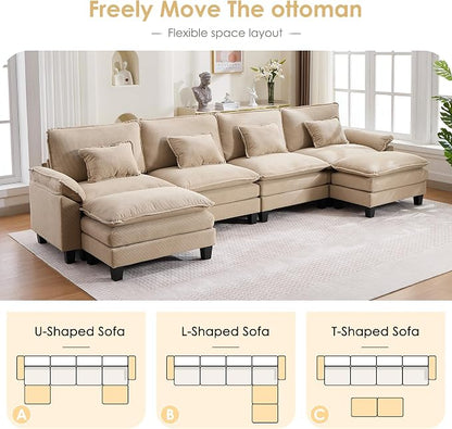 URRED Oversized Modular Sectional Sofa, 157" U Shaped Modern Comfy Cloud Couch with Movable Ottoman & Pillows, Deep Seat Couches for Living Room, Bedroom or Apartment (Corduroy Khaki, 157" U Shaped)