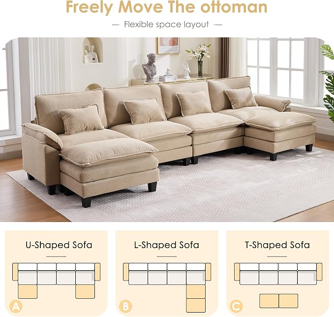 157" Corduroy Modular Sectional Sofa, Convertible U Shaped Modular Sofa Comfy Cloud Couch with Ottoman, Side Pockets and 4 Throw Pillows for Living Room, Kahki, 6 Seats