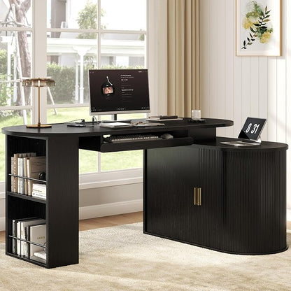 HSH Black L Shaped Office Desk with Storage Cabinet for Home Oak 60 Inch | Executive Woood Fluted Computer Desk with Keyboard Tray and Open Shelves Modern Reversible Mcm Large Swivel Table
