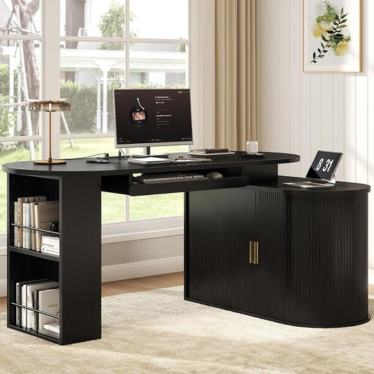 HSH Black L Shaped Office Desk with Storage Cabinet for Home Oak 60 Inch | Executive Woood Fluted Computer Desk with Keyboard Tray and Open Shelves Modern Reversible Mcm Large Swivel Table