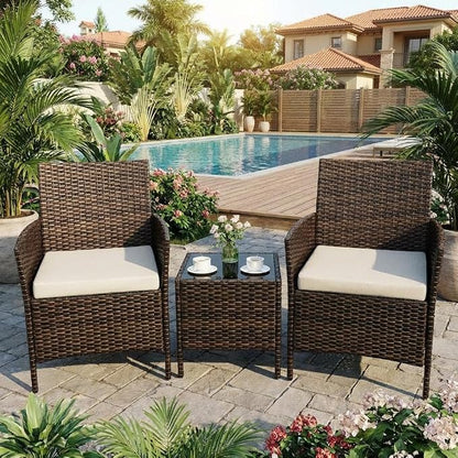 3PCS Outdoor Patio Bistro Set, PE Rattan Wicker Armchairs with Water-Resistant Cushions & Tempered Glass Coffee Table, All-Weather Conversation Set for Garden, Backyard, Porch, Poolside, Brown/Beige