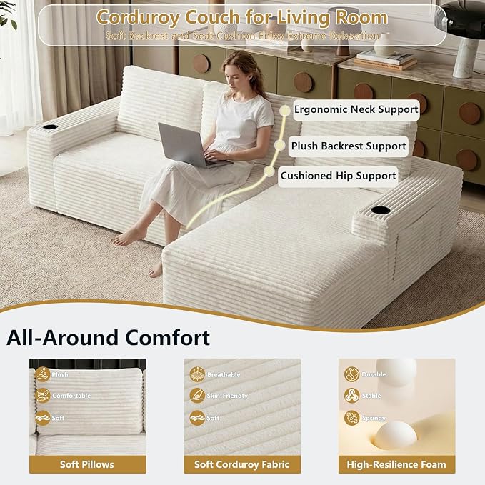 104" Cloud Sectional Couch L-Shaped with Side Pockets Cup Holders, Corduroy Boneless Couch for Living Room,Upholstered Deep-Seat Modular Sectional Sofa,No Assembly Required (White,Right Facing Chaise)