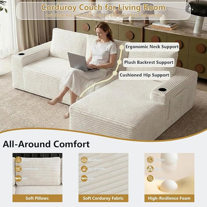104" Cloud Sectional Couch L-Shaped with Side Pockets Cup Holders, Corduroy Boneless Couch for Living Room,Upholstered Deep-Seat Modular Sectional Sofa,No Assembly Required (White,Right Facing Chaise)