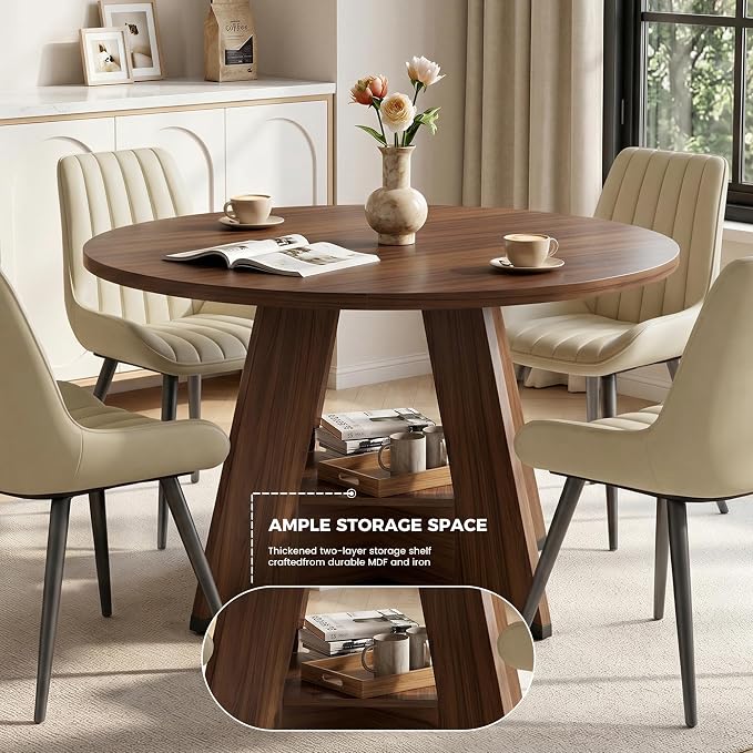 Miereirl 47.3 Inch Round Dining Table Set for 4, Round Kitchen Table with Chairs, Space Saving Dining Room Table Set with Storage Shelf for Apartment Kitchen Dining Room, Walnut Table+4 Beige Chairs