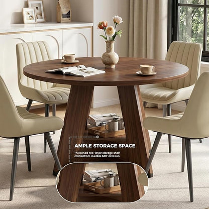 Miereirl 47.3 Inch Round Dining Table Set for 4, Round Kitchen Table with Chairs, Space Saving Dining Room Table Set with Storage Shelf for Apartment Kitchen Dining Room, Walnut Table+4 Beige Chairs