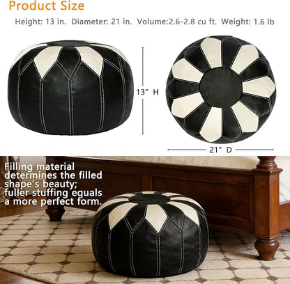 Thgonwid Unstuffed Moroccan Faux Leather Pouf Ottoman Cover with Storage - Boho Chic Multi-Use Footrest for Living Room, Bedroom, Patio - Round Ethnic Floor Cushion & Decorative Accent, Black&White