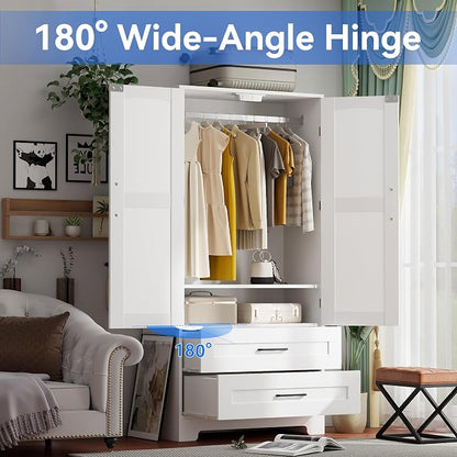 Wooden Armoire Wardrobe Closet, Bedroom Armoires with Door and Drawers, Freestanding Wardrobe Clothing Storage Cabinet with Shelves and Hanging Rod for Bedroom, Laundry Room, Cloak Room（White）