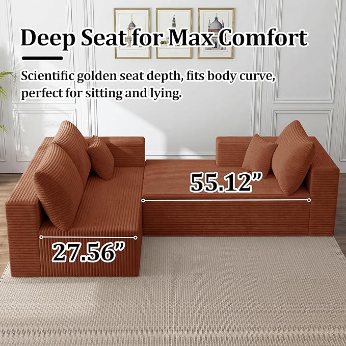 92.5" Modular Sectional Sofa, L-Shaped Cloud Couch with Deep Seats & Chaise, Convertible 4-in-1 Corduroy Boneless Couches for Living Room,Bedroom,No Need Assembly - Brown(Right Facing Chaise)
