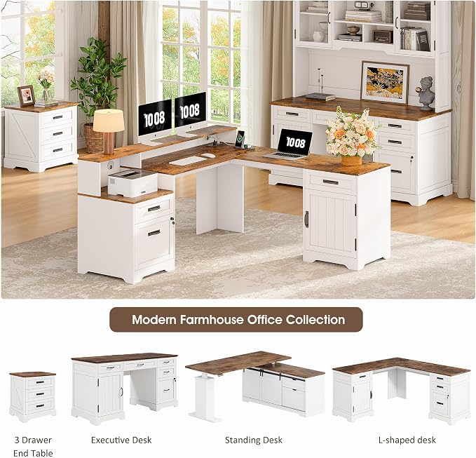 Whalefall 63'' Farmhouse L Shaped Desk with Monitor Stand Shelves, White | Corner Computer Desk with Drawers, Executive Home Office L Desk with File Cabinet Storage and Charging Station