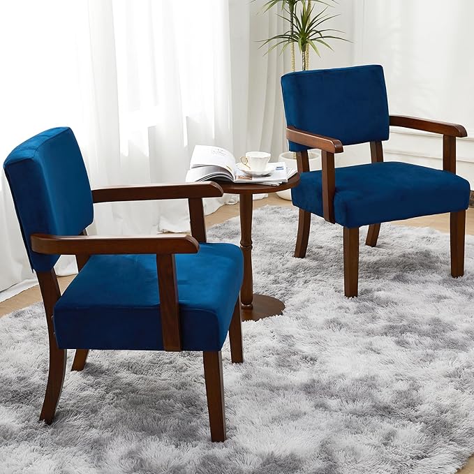 FAGAGA Accent Chair Set of 2 with Table, Living Room Chairs with Velvet Soft Seat & Armrests for Living Room Bedroom Reading Room Waiting Room (Velvet Navy)