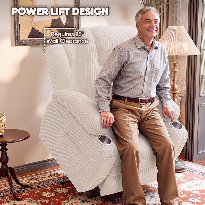Flamaker Power Lift Recliner Chair Electric Lift Recliner for Elderly Power Lift Recliner Chair with Cup Holders Side Pockets for Living Room (Corduroy, Beige)