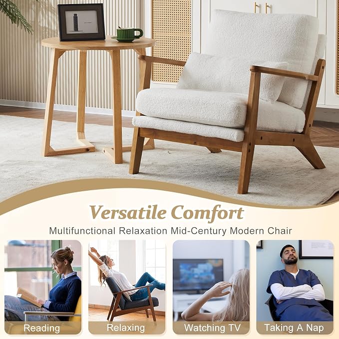 VINGLI Solid Wood Wide Armrests Accent Chair Set of 2,Upholstered Mid Century Modern Chair with Pillow,Farmhouse Arm Chair Comfy Reading Chair,Chairs Living Room,Bedroom,Guest Room,Teddy Fleece,White