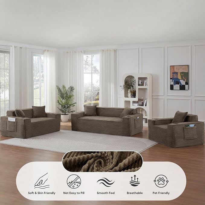Boneless Sectional Sofa 3 Piece Set with Cup Holders & Side Pockets, Luxury Corduroy Fabric Deep Seat Cloud Couch Living Room, Office, No Assembly (Brown)