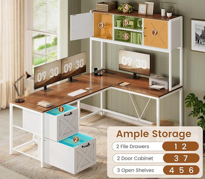 SEDETA Farmhouse L Shaped Desk with Hutch, Reversible 86.6" Computer Desk with Drawers and Power Outlet for Home Office/Two Person, Corner Desk with LED Light and Storage Shelves, White and Brown