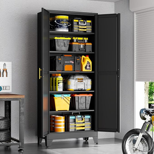 75" Black Metal Storage Cabinet with 2 Doors and 5 Adjustable Shelves,Steel Garage Tool Cabinet, File Cabinet,Kitchen Pantry Cabinet for Home,Office,Garage,School,Warehouse
