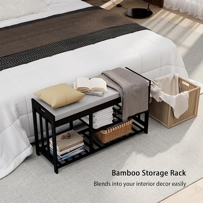 APRTAT 3-Tier Bamboo Shoe Rack Bench, Shoe Storage Organizer Bench, Entryway Benchs, Shoes Rack for Front Door Entrance, Entryway Bathroom Bedroom (Black, Large)
