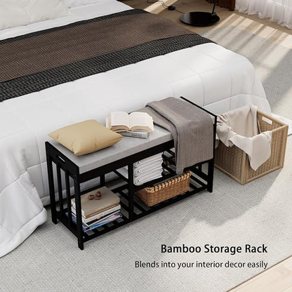 APRTAT 3-Tier Bamboo Shoe Rack Bench, Shoe Storage Organizer Bench, Entryway Benchs, Shoes Rack for Front Door Entrance, Entryway Bathroom Bedroom (Black, Large)