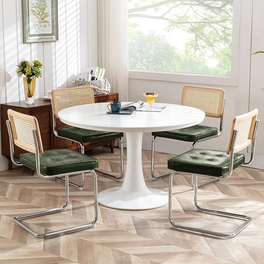 Zesthouse Natural Rattan Dining Chairs Set of 4, Mid Century Modern Dining Room Chairs with Chrome Leg, Faux Leather Kitchen Chair with Solid Wood Back & Cane Mesh, Breuer Cesca Design Inspired, Green
