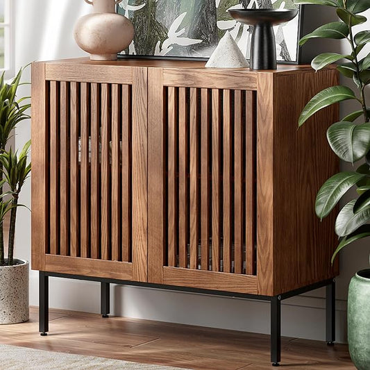 BVIUNTWO Storage Cabinet, Modern Coffee Bar with Adjustable Shelf and Metal Base, 32 Inch Wood Multifunctional Console Table for Kitchen, Living Room, Entryway, Brown