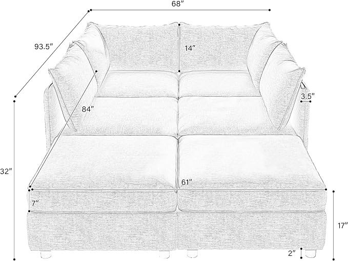 129-Inch U-Shaped 6 Seat Modular Sofa Deep Seat Storage Sectional Sofa Couch Free Combination with Movable Ottomans ,6 Seat Chenille Upholstered U-Shaped Convertible Sleeper Couch for Home Apartment | Space Saving