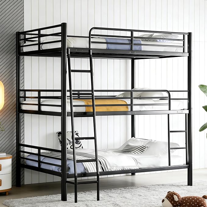 Metal Triple Bunk Bed,Twin Over Twin Bunk Bed for 3, 3 Beds with Guardrail and Ladder, Heavy Duty Triple Bed Frame Suitable for Teenagers/Adults, No Box Spring Needed (Black D)