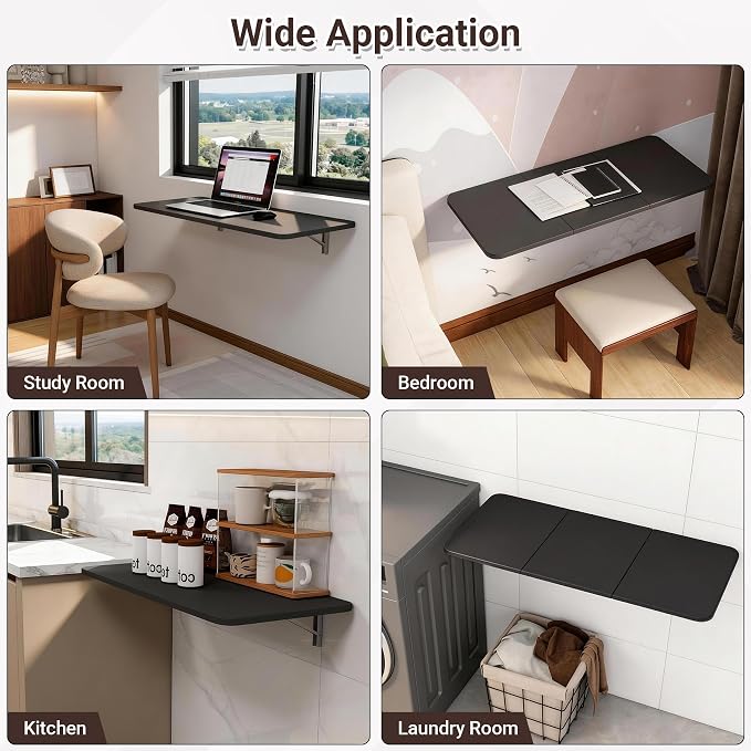 Neoaider Wall Mounted Folding Desk 35.4” x 15.7”, Black | Drop Down Table with Metal Collapsible Brackets, Folding Wall Table for Small Spaces, Home, Office, Kitchen, Laundry Room