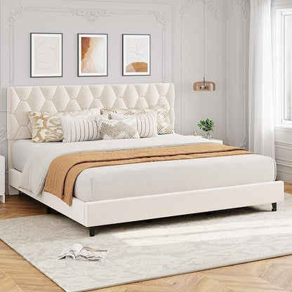GAOMON King Bed Frame with Upholstered Headboard, Heavy-Duty Platform Bed Frame with Strong Wood Slats, No Box Spring Needed/Noise Free/Easy Assembly, Ivory White