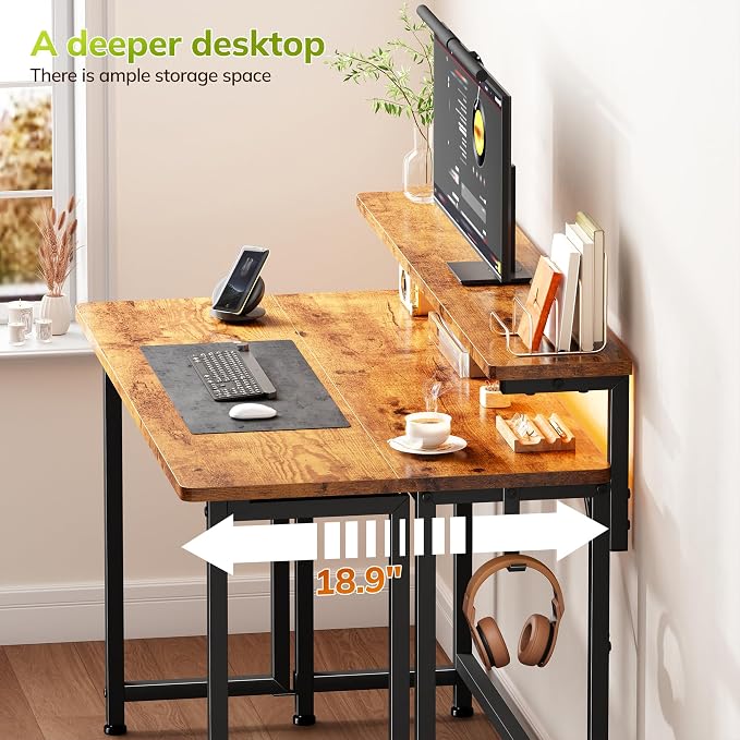 Folding Table with RGB Light for Small Space, 31.5" Folding Computer Desk for Space Saving Sofa Table for Couch, Home Work Office Desk with Monitor Stand, Easy to Fold with Hooks,Rustic Brown