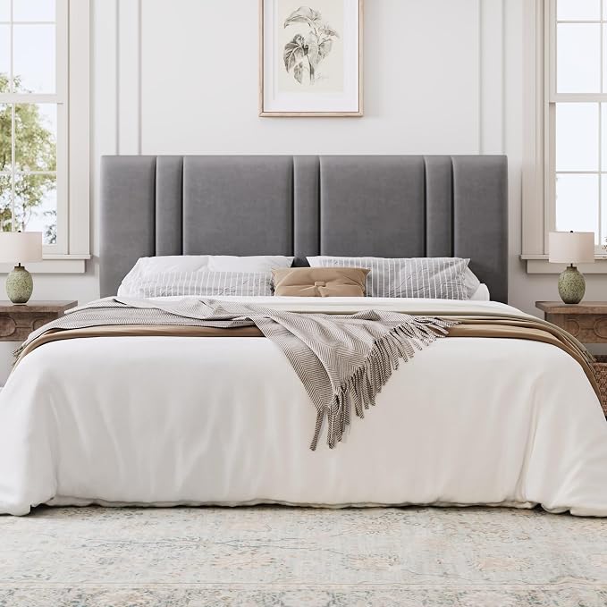 SHA CERLIN King Size Platform Bed Frame, Velvet Upholstered Bed with Adjustable Headboard, Vertical Channel Tufted Design, Sturdy Wood Slat Support, No Box Spring Needed, Easy Assembly, Light Grey