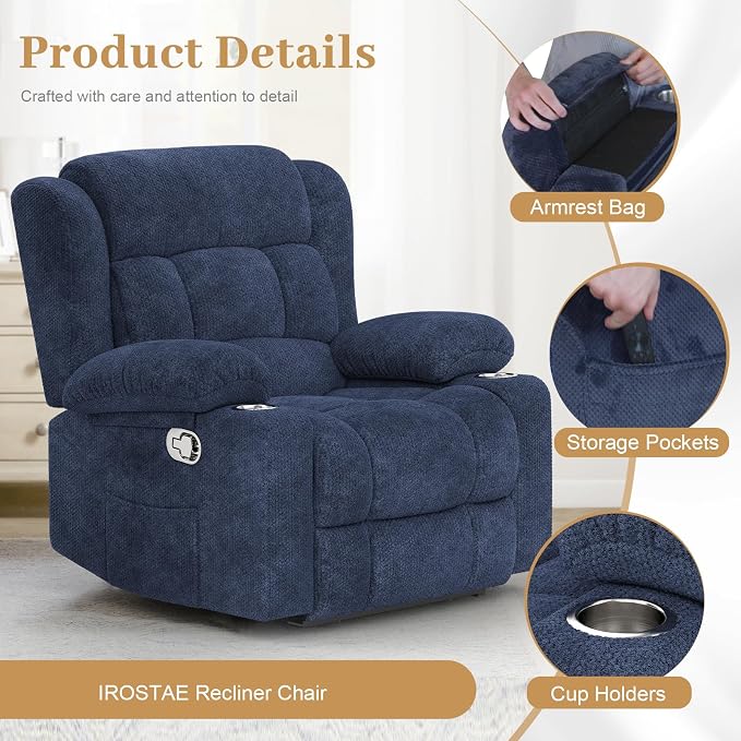 New Recliner Chair for Adults, Oversized Fabric Loveseat Recliner, Manual Pull Tab Reclining Chair with Cup Holders, Minimalist Style Single Sofa for Living Room, RV (Blue)