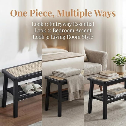 ROCITY Black Rattan Entryway Bench Wood Bench with Shoe Rack 30 Inch Small Bench Seat Storage Indoor Wooden Dining Bench Farmhouse Vintage Rustic Accent Bench for Porch/Dining Room/Living Room