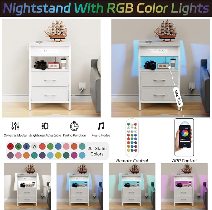 SZLHANJZ LED End Table, Nightstand with 2 Drawers and Charging Station Type C Port, Storage Fabric Night Stand for Bedside, Small Side Table for Living Room Dorm, White
