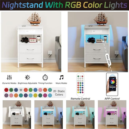 SZLHANJZ LED End Table, Nightstand with 2 Drawers and Charging Station Type C Port, Storage Fabric Night Stand for Bedside, Small Side Table for Living Room Dorm, White