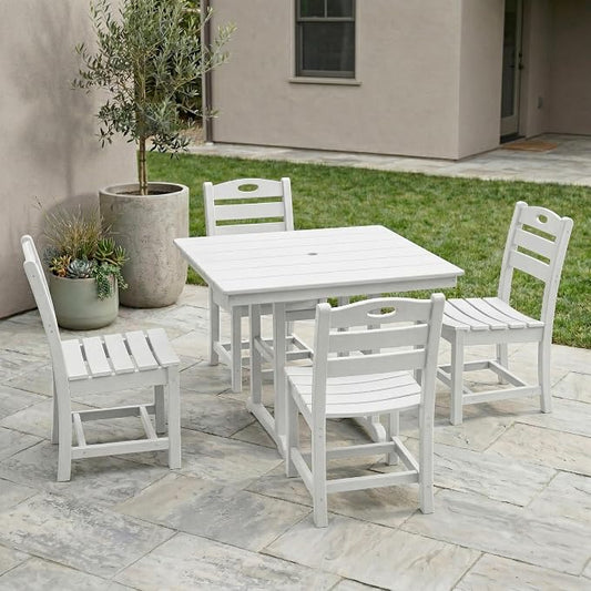 Elountik Outdoor Dining Set for 4, 5-Piece White HDPE Patio Furniture with Square Table and Chairs, Umbrella Hole