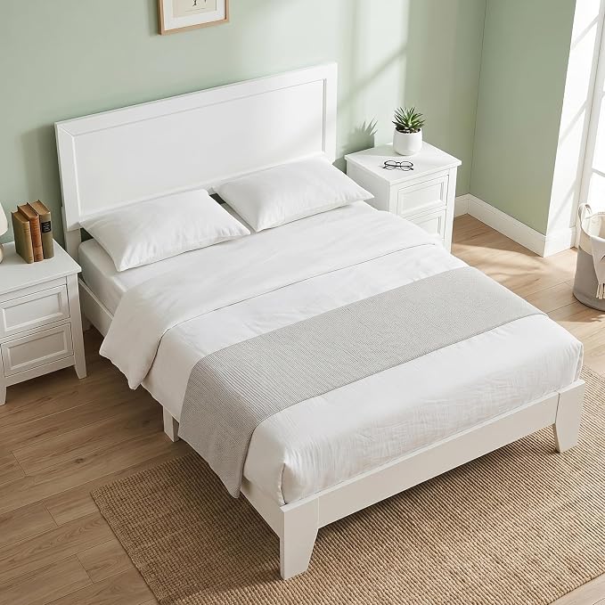 KOMFOTT Full Size Bed Frame, Modern Platform Bed with Headboard, Wooden Slat Support Mattress Foundation, Under-Bed Storage Space, No Box Spring Needed (White,Full)