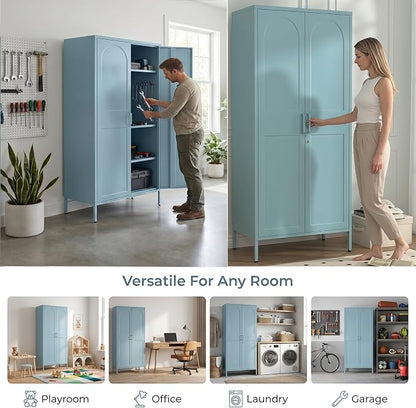 Lockable Closet Metal Wardrobe 67" Blue 2 Door Wardrobe Bedroom Storage Cabinet Adjustable shelf Multi functional metal Storage Cabinet with hanging rail for domestic use 18.1" D x 31.5" W x 67" H