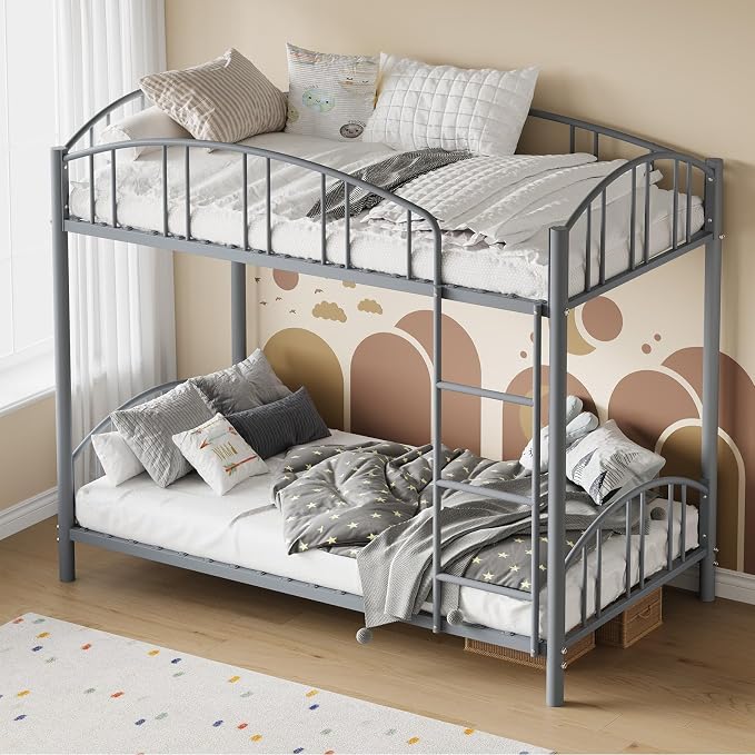 GarveeHome Metal Bunk Bed Twin Over Twin, Heavy Duty Bunkbeds Frame with Arched Guardrail and Safety Ladder, Sturdy Steel Bed for Kids Boys Girls, Space-Saving, No Box Spring Needed, Gray