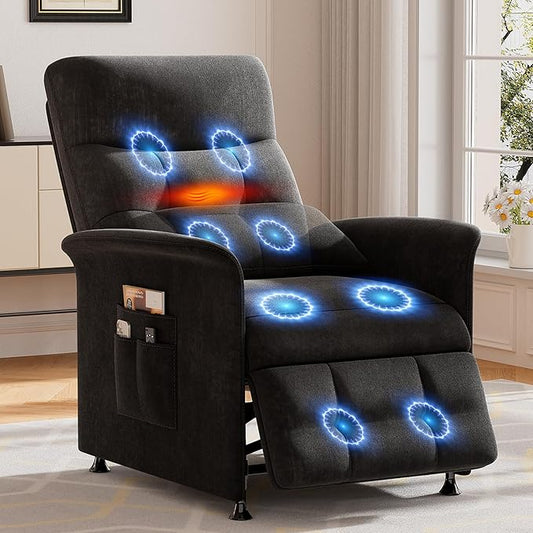 Power Recliner Chair for Adults with Heat & Massage - Soft Fabric Electric Reclining Sofa with Remote Control, 3 Side Pockets, 180° Lay Sleeper for Home Theater Living Room, Black