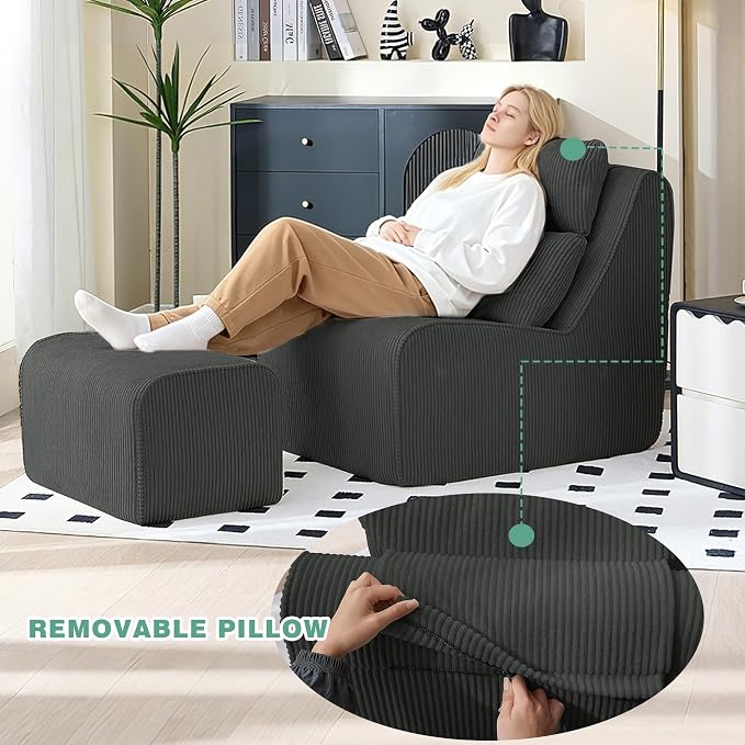 104.92" L-Shaped Corduroy 3 Piece Sofa Set with Single Lounge Chair & Ottoman, Modular Compressed All Foam Couch, Freely Movable Footrest, Minimalist Large Living Room Furniture