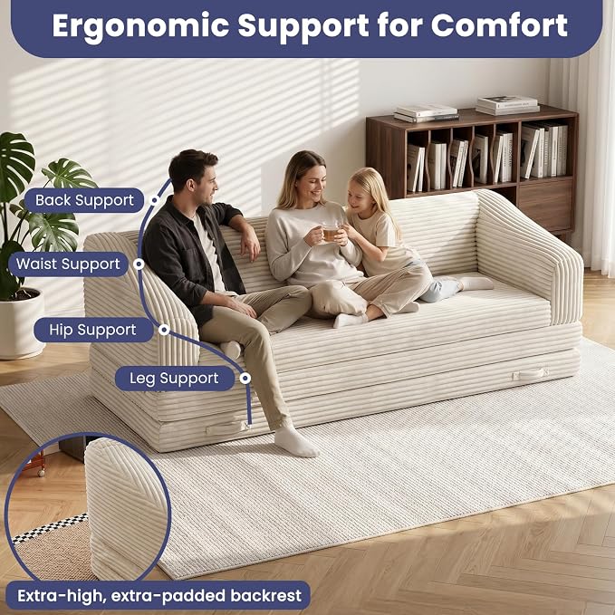 JUIKURY Convertible Sofa Bed, 3-in-1 Foldable Loveseat Couch with Armrest, Corduroy Floor Sofa & Sleeper Bed, No Assembly High-Density Foam Futon Mattress for Living Room, Small Apartment, Dorm