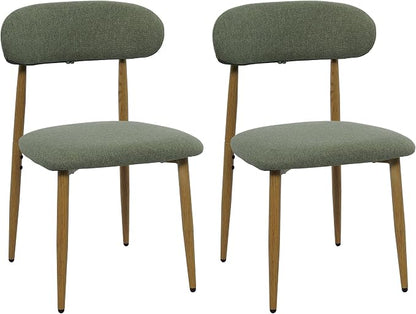 FREKEN Modern Upholstered Dining Chairs Set of 2, Mid-Century Metal Frame with Wood Grain, Linen Fabric Side Chair for Kitchen Dining Room, 350lbs Capacity, Green