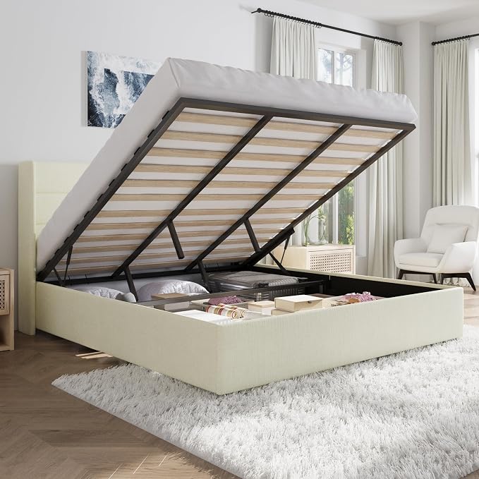 SHA CERLIN King Size Lift Up Storage Bed/Chenille Fabric Upholstered/Modern Wingback Headboard/Platform Bed Frame/Hydraulic Storage/No Box Spring Needed/Wood Slats Support/Cream