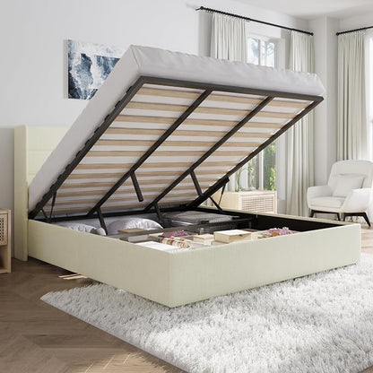 SHA CERLIN King Size Lift Up Storage Bed/Chenille Fabric Upholstered/Modern Wingback Headboard/Platform Bed Frame/Hydraulic Storage/No Box Spring Needed/Wood Slats Support/Cream