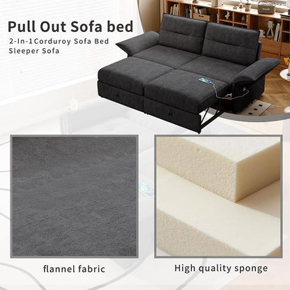 85" Pull Out Sofa Bed Full Size, Pre-Assembled Flannel Sleeper Sofa, Convertible Loveseat Futon Couch, Adjustable Armrest with USB, Pillows, for Apartment, Living Room, Small Spaces, Dark Grey
