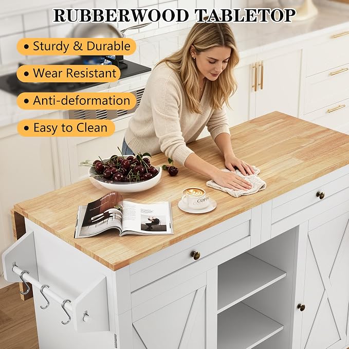 HLR Kitchen Island On Wheels, Rolling Kitchen Island Cart with Drop Leaf Countertop, Barn Door Kitchen Islands Table with Storage Cabinet and Tower Rack, Island Table for Kitchen