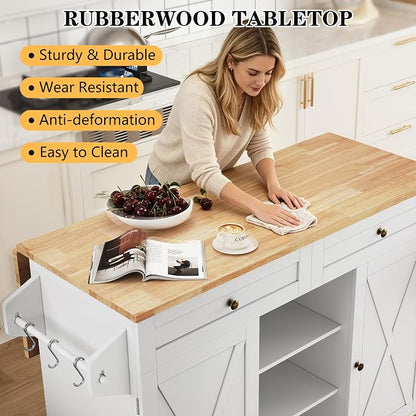 HLR Kitchen Island On Wheels, Rolling Kitchen Island Cart with Drop Leaf Countertop, Barn Door Kitchen Islands Table with Storage Cabinet and Tower Rack, Island Table for Kitchen
