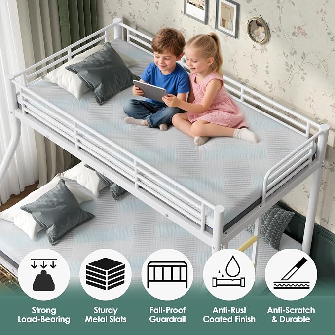 Bunk Beds Twin XL Over Full Size with 6" Mattresses Included, All-in-One Bunk Bed for Kids/Adults, Heavy Duty Sturdy Frame with Ladder Guardrail, with Memory Foam Mattresses, White
