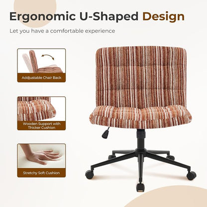 Furnimart 360° Swivel Criss Cross Desk Chair Extra-Thick Cushion, Premium Chenille Cross Legged Chair with Wide Seat & Wheels, Comfy Armless Home Office Chair for Bedroom, Vanity, Sturdy (Dark Brown)