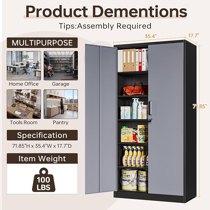 Metal Garage Cabinets, 72" Tall Locking Storage Cabinets with 2 Doors and 5 Adjustable Shelves, Steel Utility Tool Cabinet, Lockable Outdoor Storage Cabinet for Pantry, Garage, Home Office